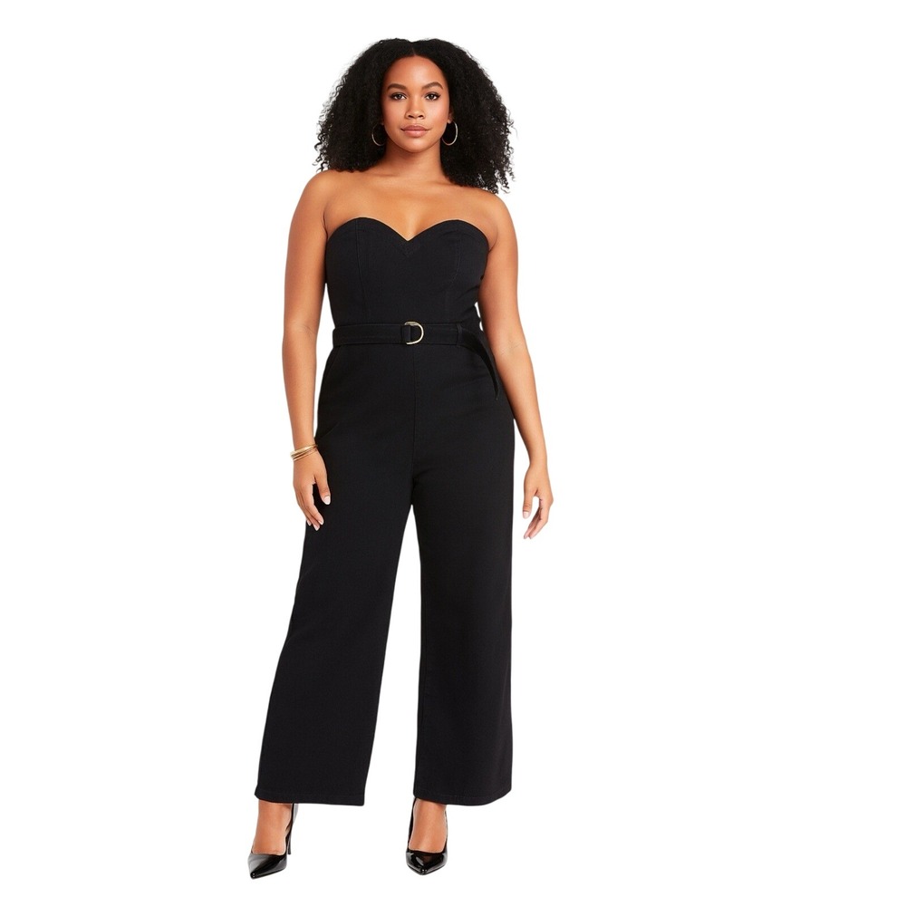 Nasty Gal Black Denim Strapless Sweetheart Wide Leg Jumpsuit with Belt‎ Size 8